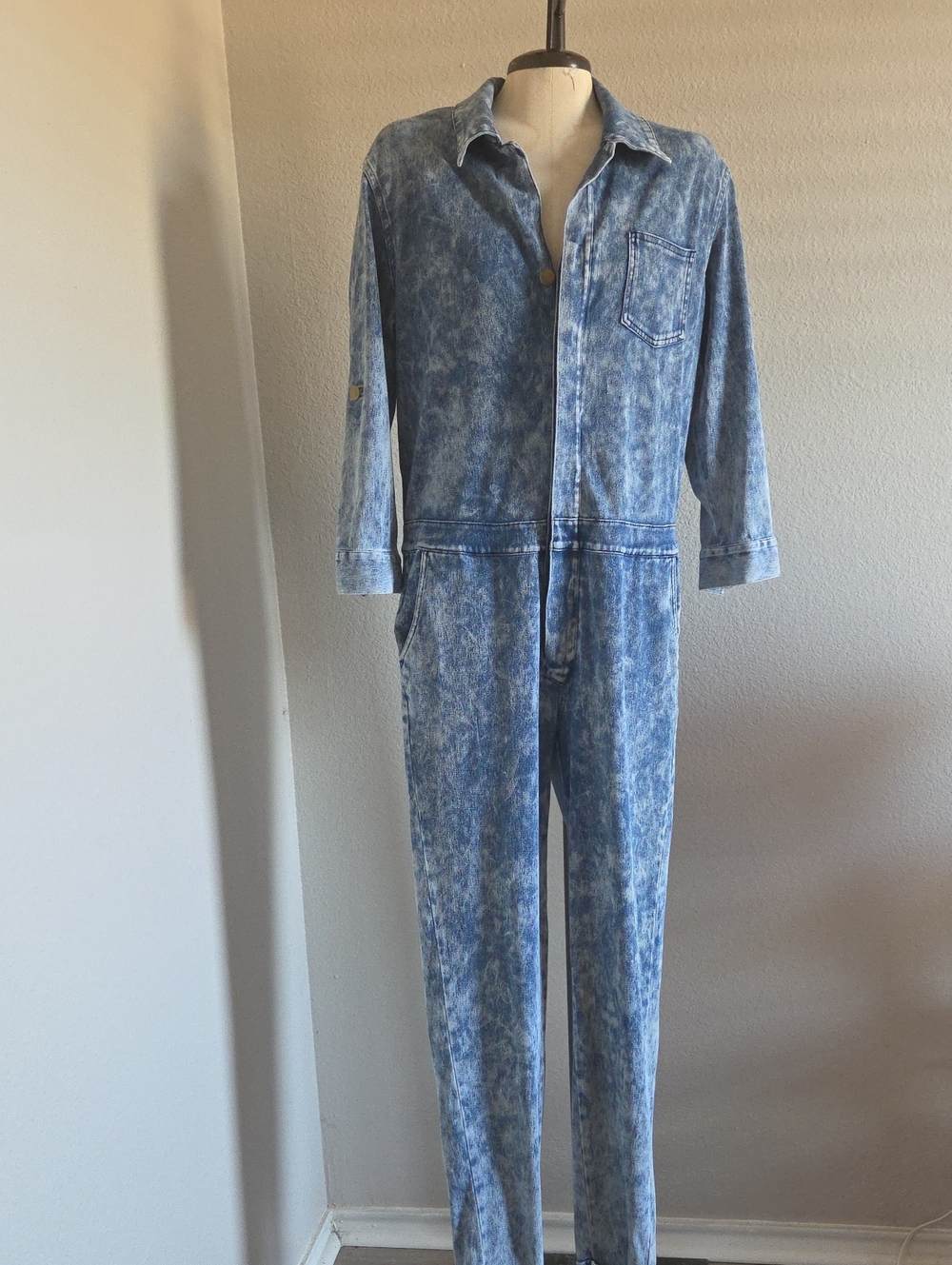 Shinestar Blue Acid-Wash Long Sleeve Jumpsuit